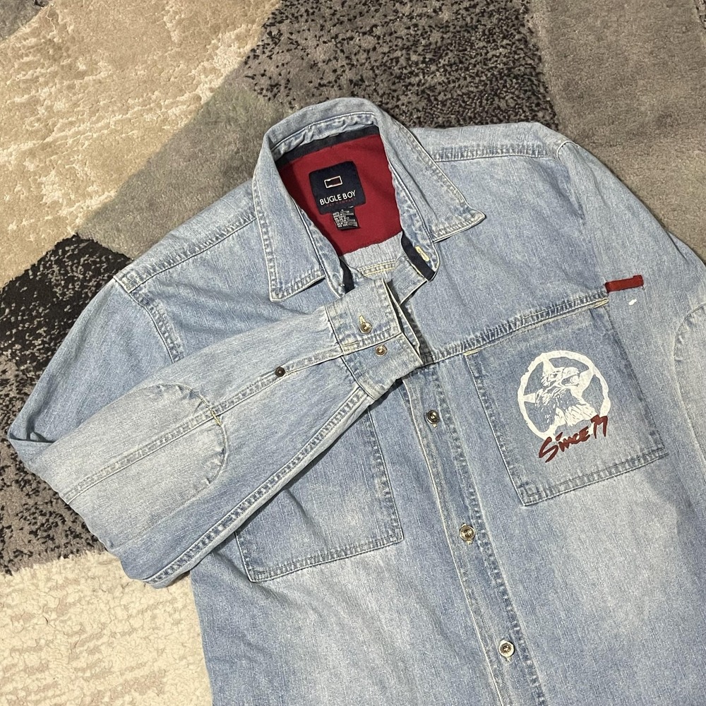 Vintage Bugle Boy Denim Shirt Men Medium Eagle Graphic Elbow Patches Grunge 90s
